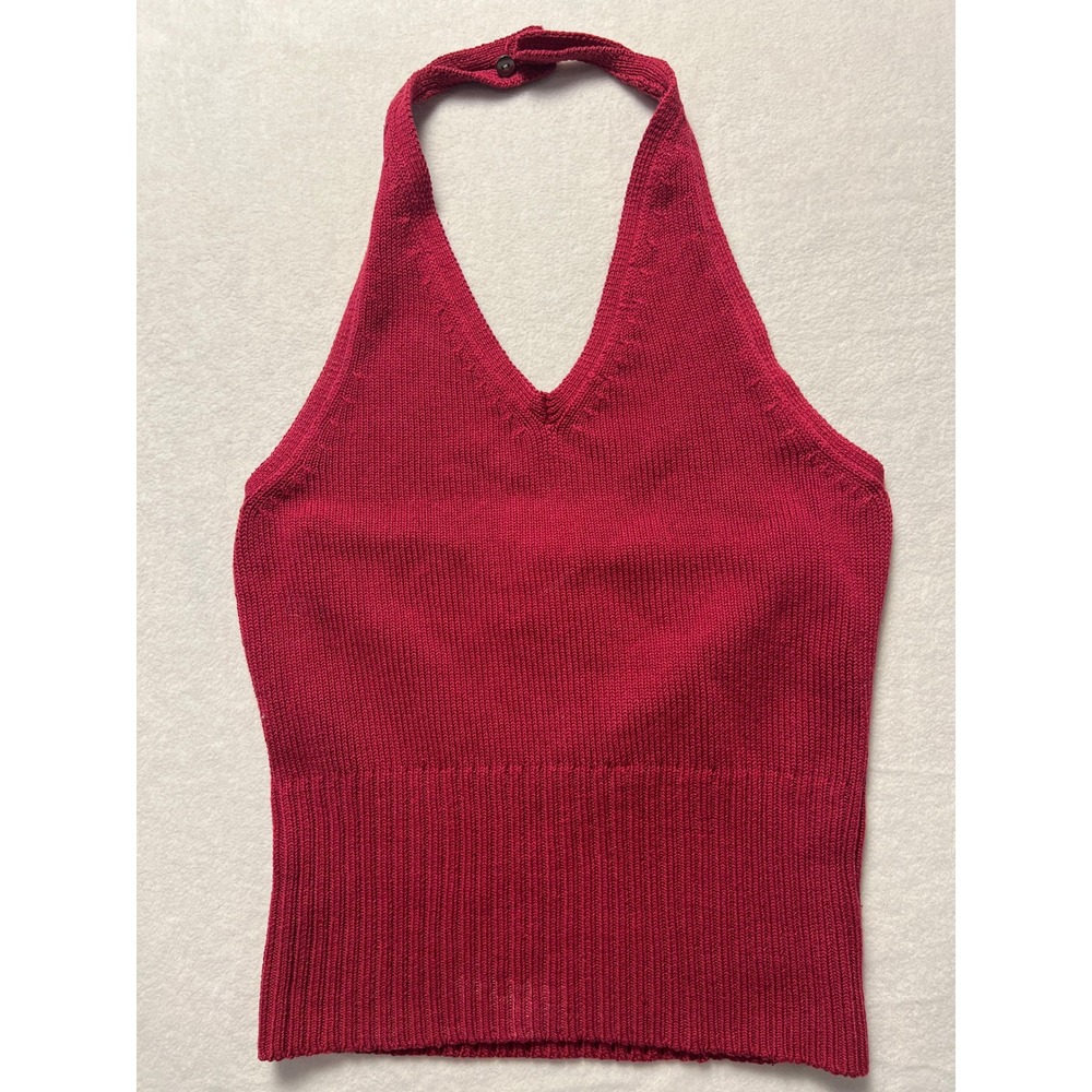 Brooks Brothers S Halter Top Preppy Classic Red Knit Cotton Blend V-Neck Ribbed